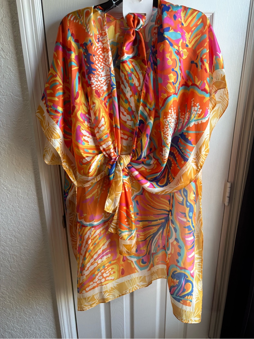 Vibrant Orange Tropical Print Silk Cover Up with matching scarf